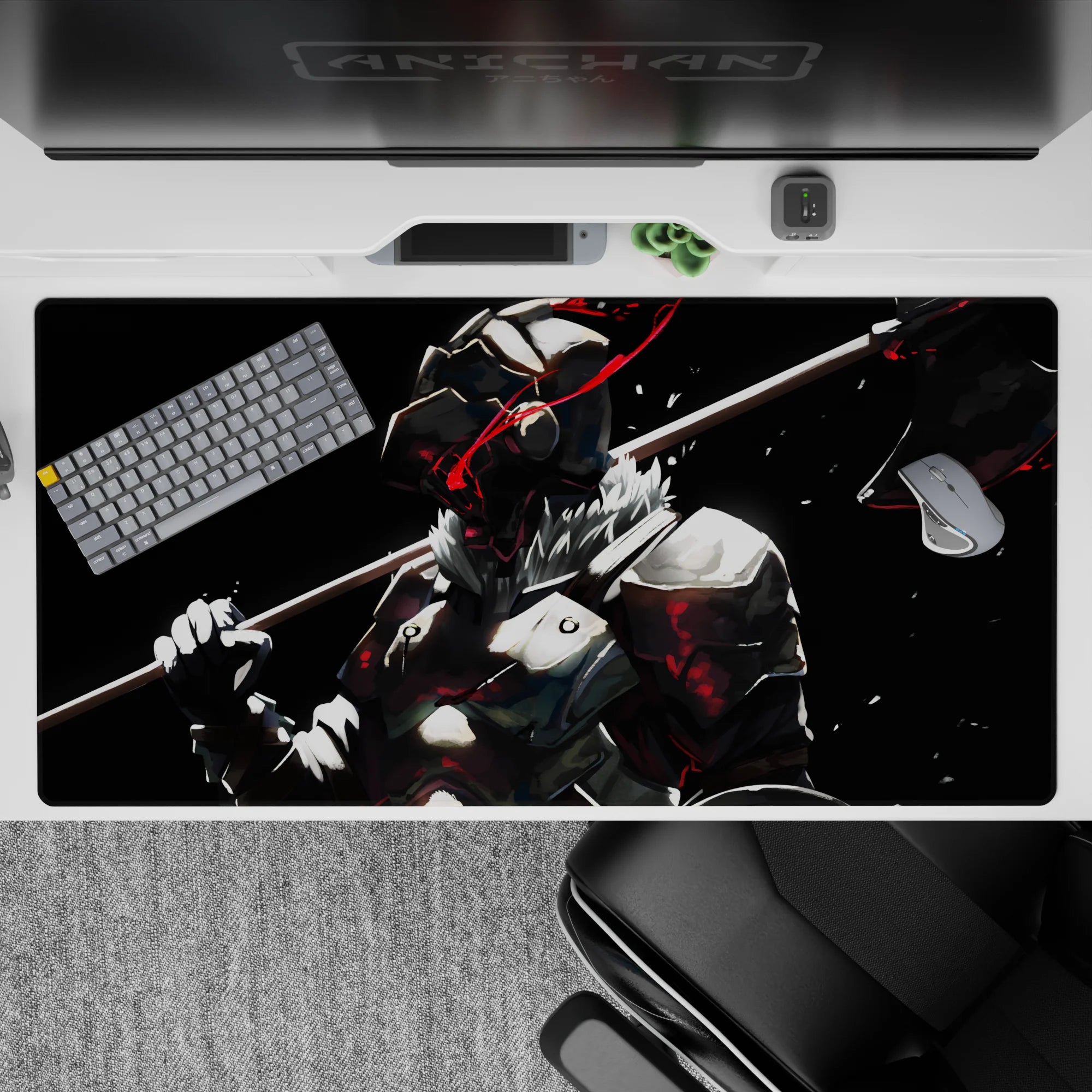 40x20 inches anime desk pad in black, bone-white and steel tones, slashed with red speed-line sparks.