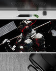 40x20 inches anime desk pad in black, bone-white and steel tones, slashed with red speed-line sparks.