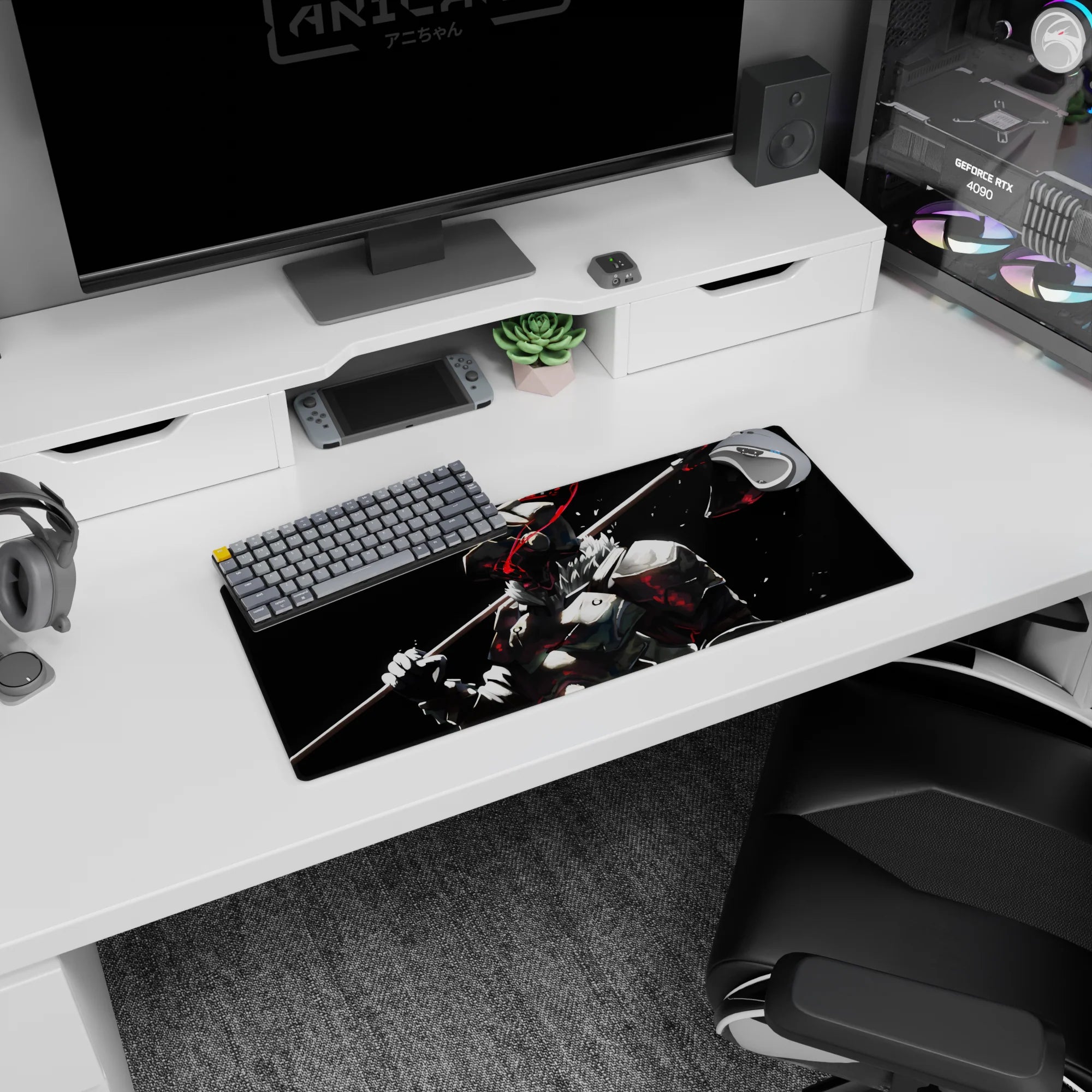 28x12 inches anime mouse pad showing a helmeted brute warrior with fur collar, axe on shoulder, ready to strike.