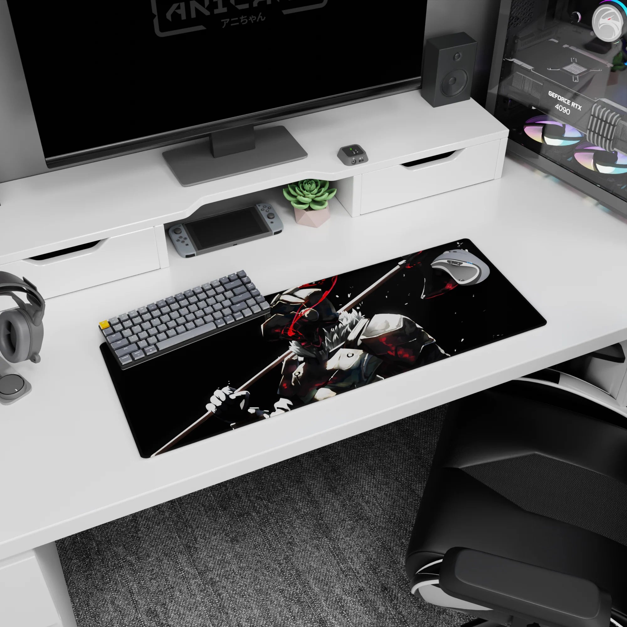 32x12 inches anime mouse pad of a helmeted battle warrior posing with a heavy axe on his shoulder.
