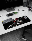 32x12 inches anime mouse pad of a helmeted battle warrior posing with a heavy axe on his shoulder.