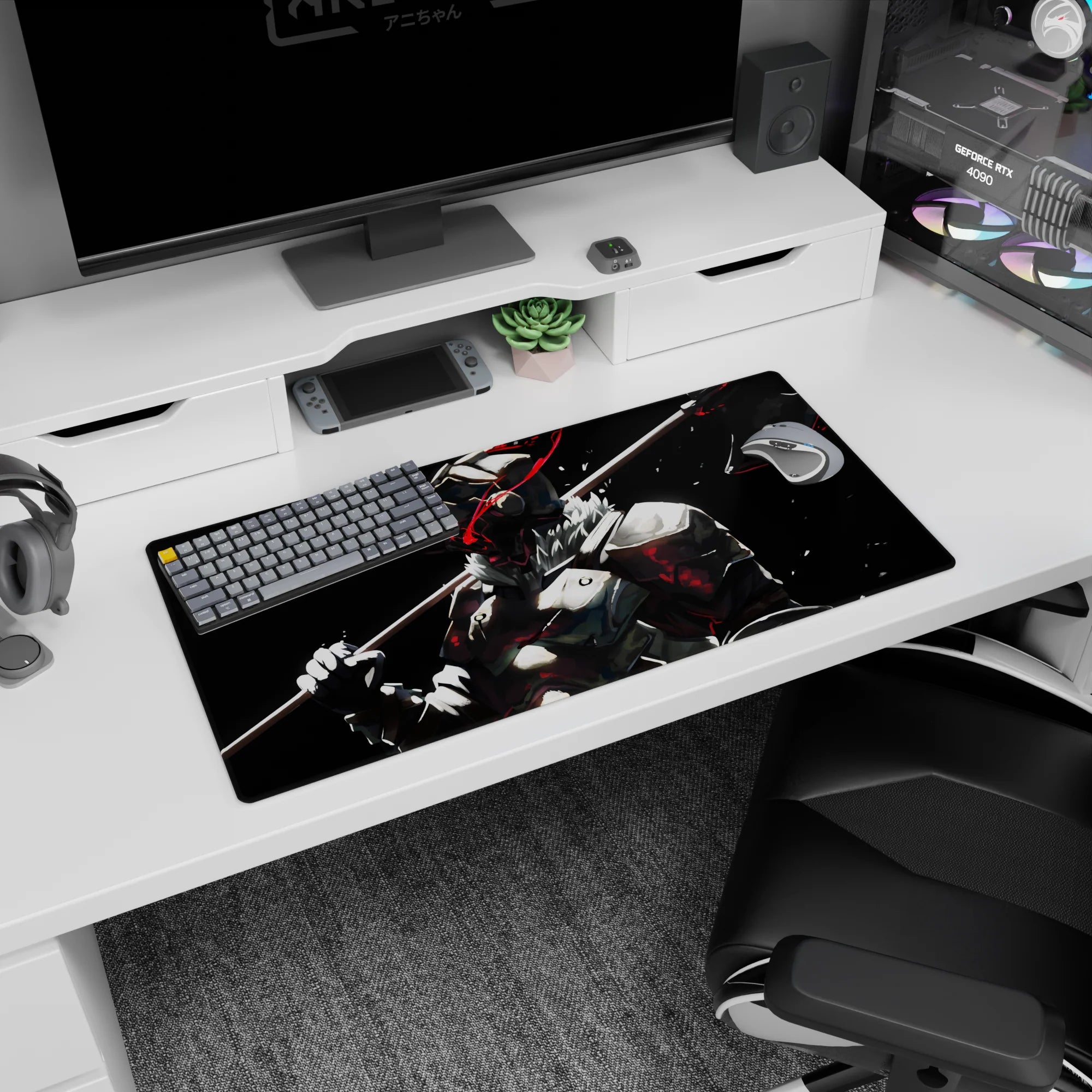 Anime mouse pad 32x16 inches showing helmeted barbarian with heavy axe, ready-to-strike pose.