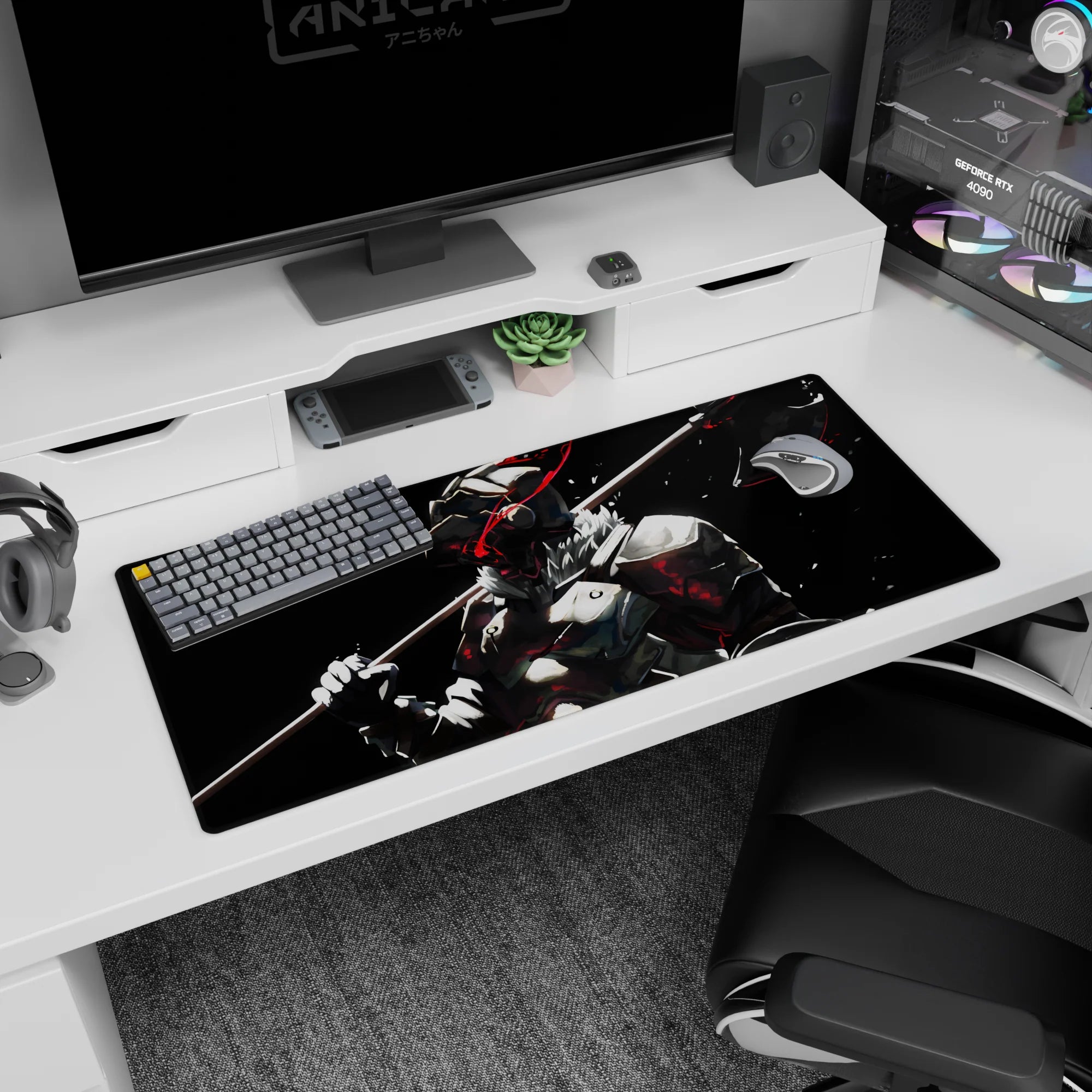 36x16 inches anime desk pad showing a helmeted brute with heavy axe on shoulder, ready to strike.