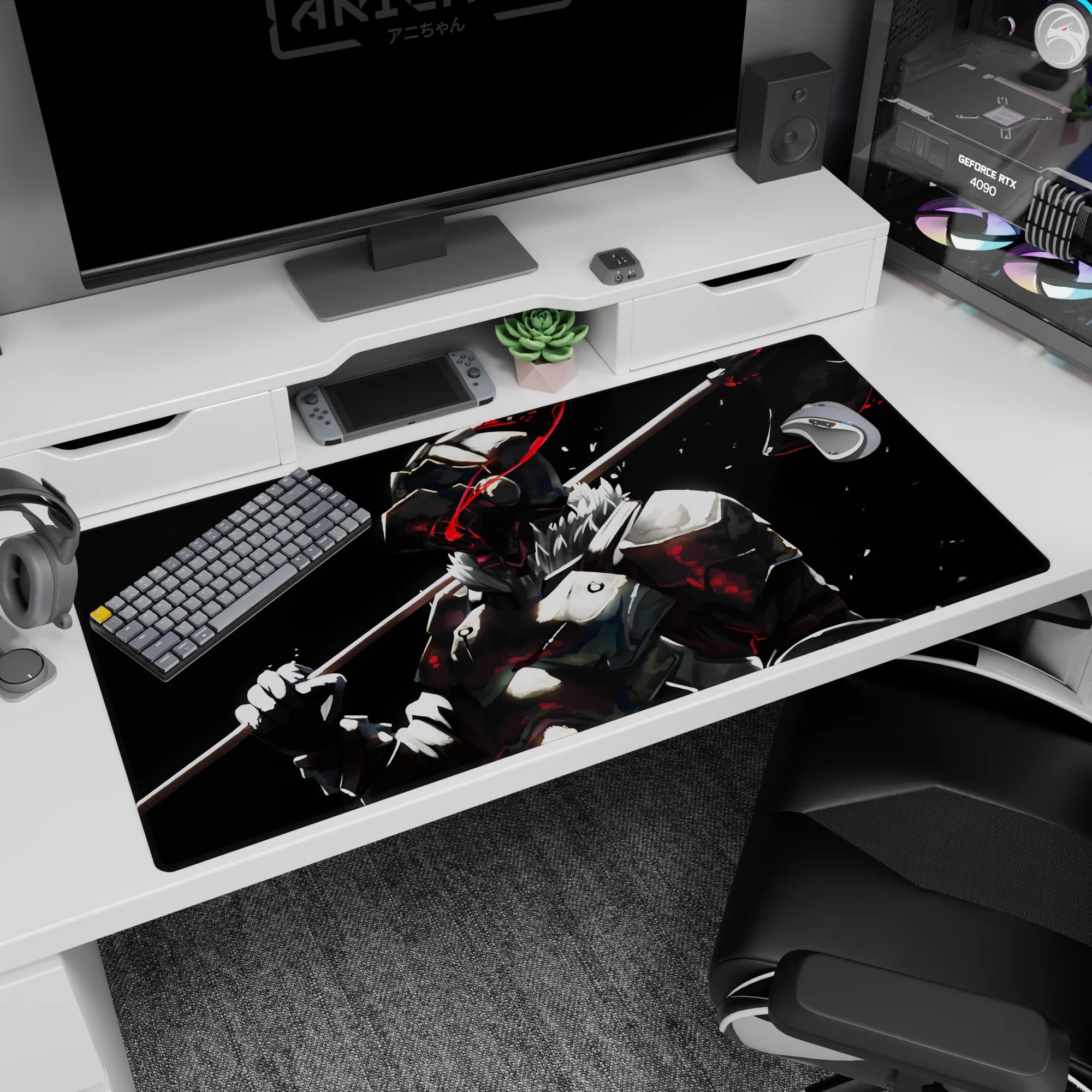40x20 inches anime desk pad showing a helmeted warrior with bone-white armor and a massive axe on shoulder.