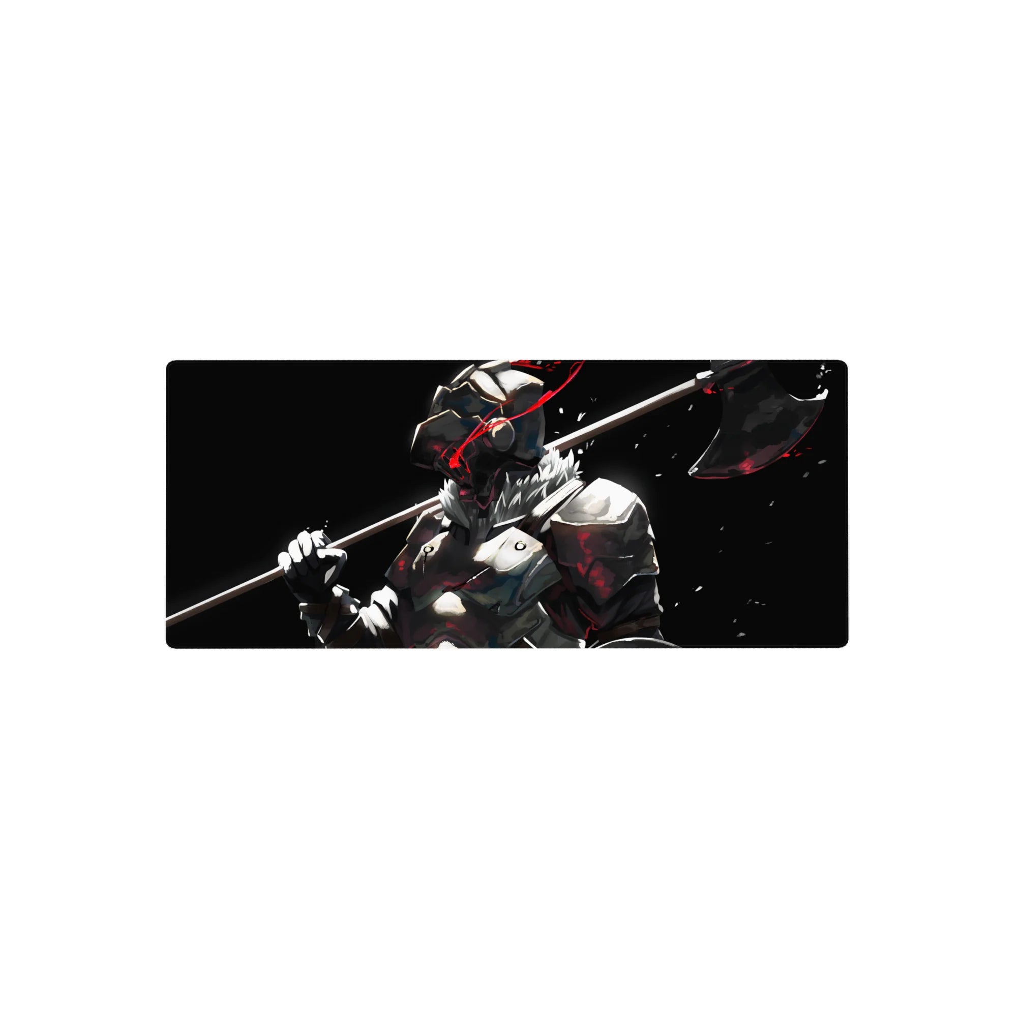 28x12 inches anime mouse pad with armored warrior, fur collar, and axe on black background with red streaks.