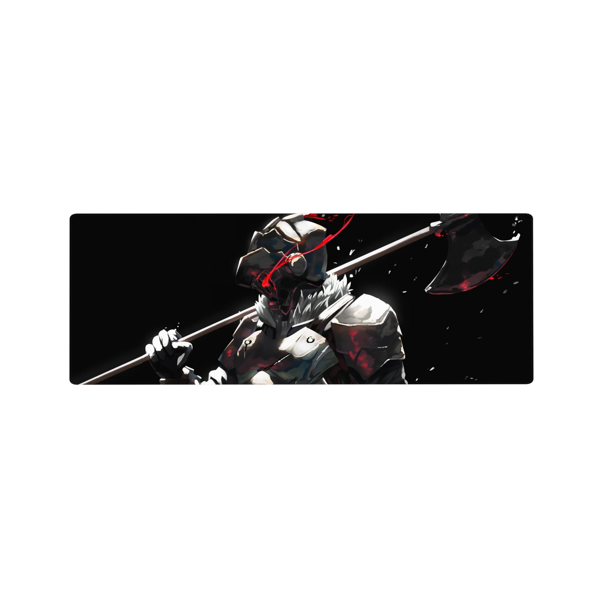 32x12 inches anime mouse pad featuring armored warrior with axe, fur collar, and red streak accents.