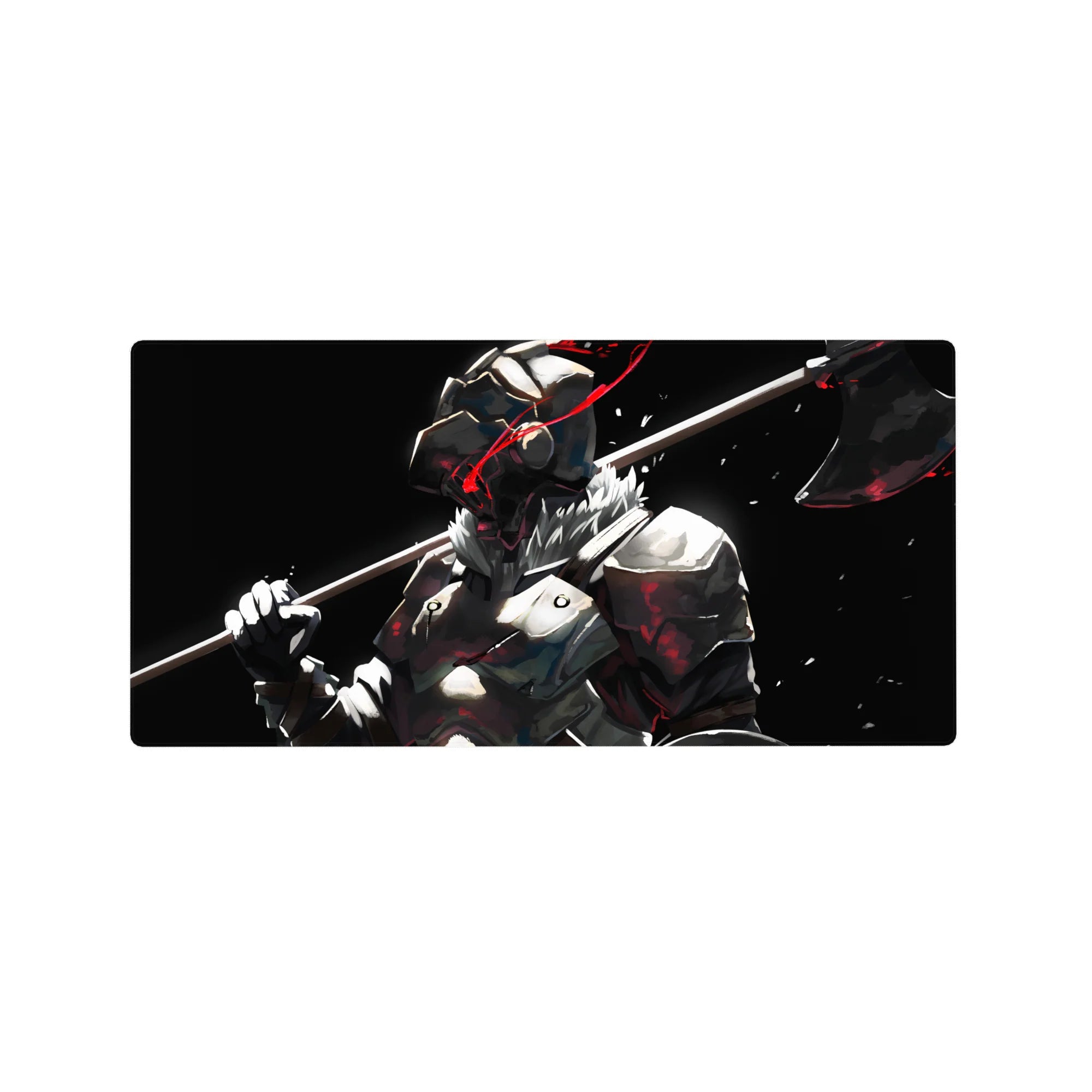 Anime mouse pad 32x16 inches with armored warrior, fur collar, axe on shoulder, black backdrop.