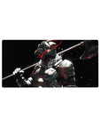 Anime mouse pad 32x16 inches with armored warrior, fur collar, axe on shoulder, black backdrop.