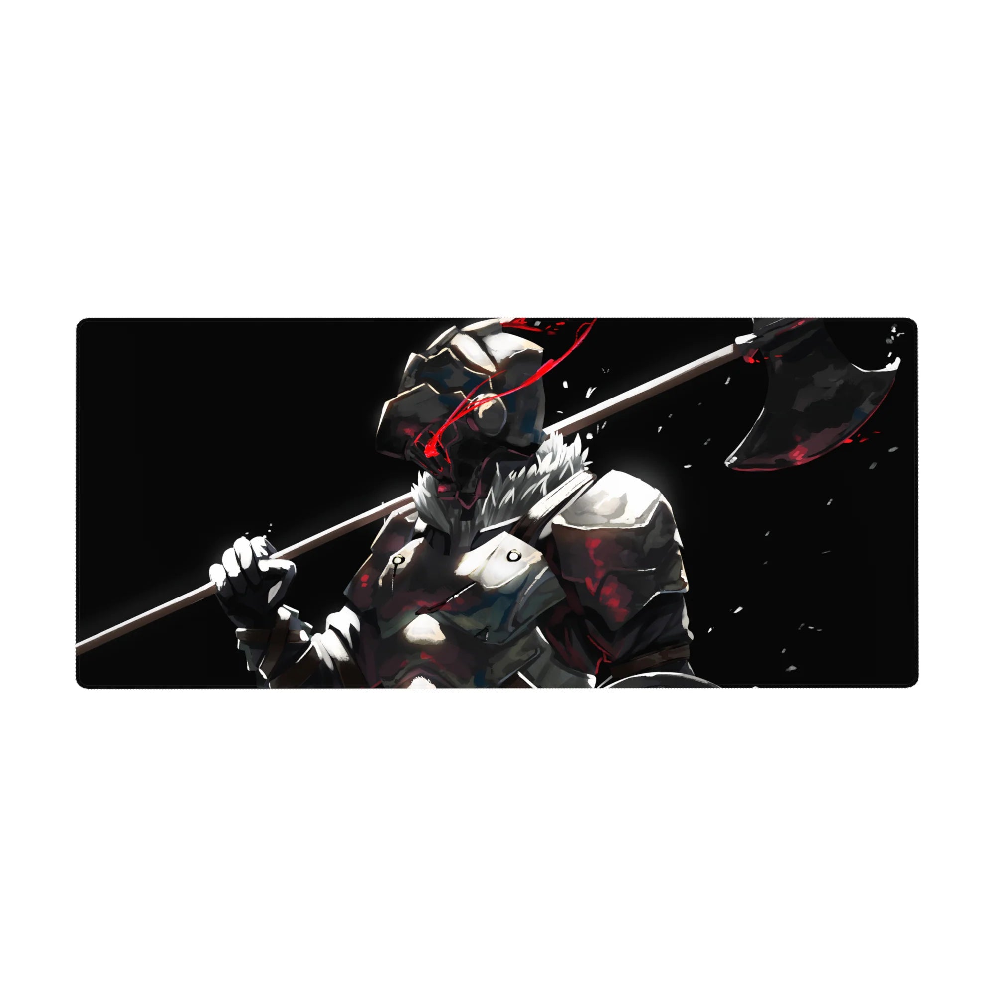 36x16 inches anime desk pad with armored warrior, fur collar, and axe on black with red streaks.