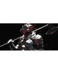 36x16 inches anime desk pad with armored warrior, fur collar, and axe on black with red streaks.