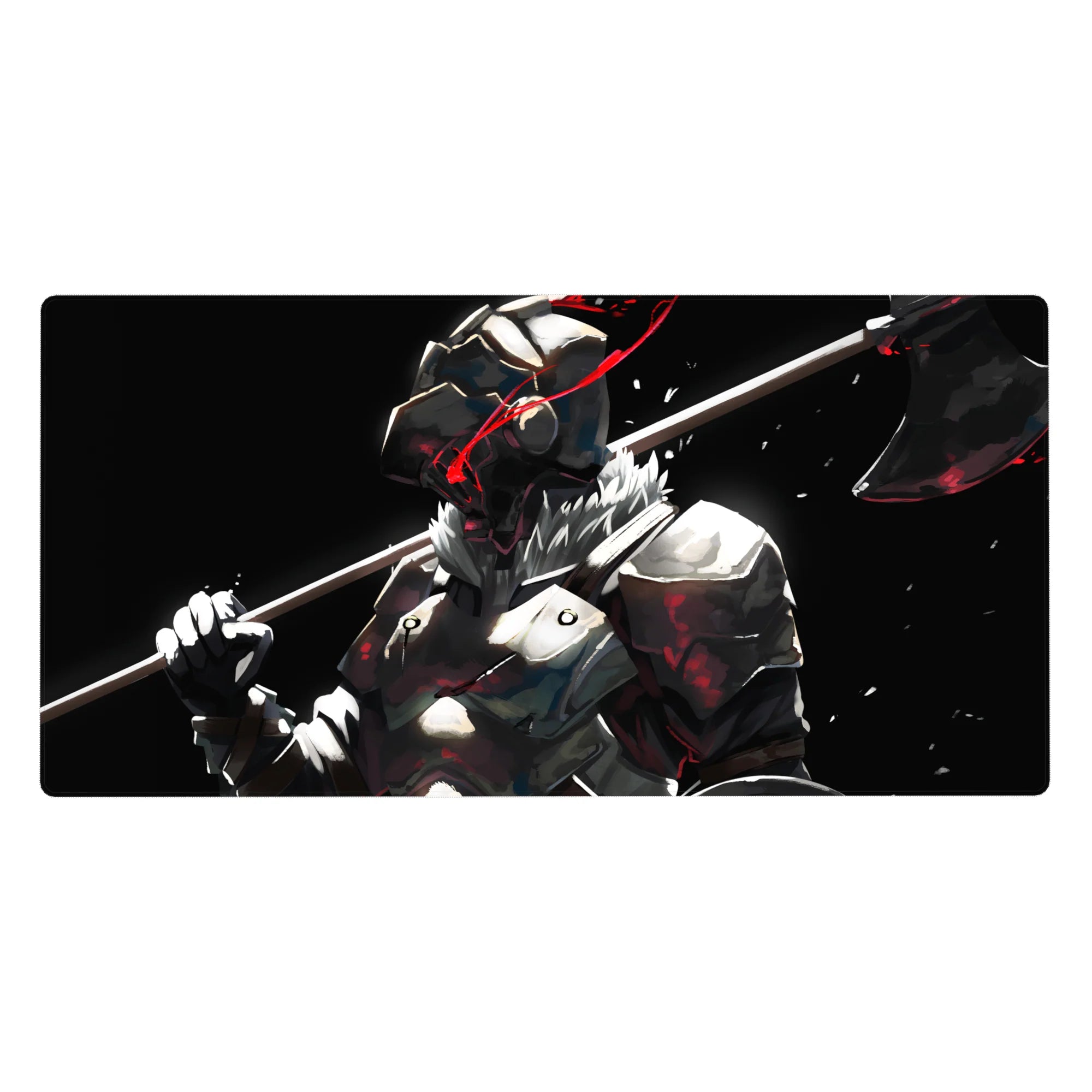 40x20 inches anime desk pad with armored warrior, fur collar, and axe on black background with red streaks.