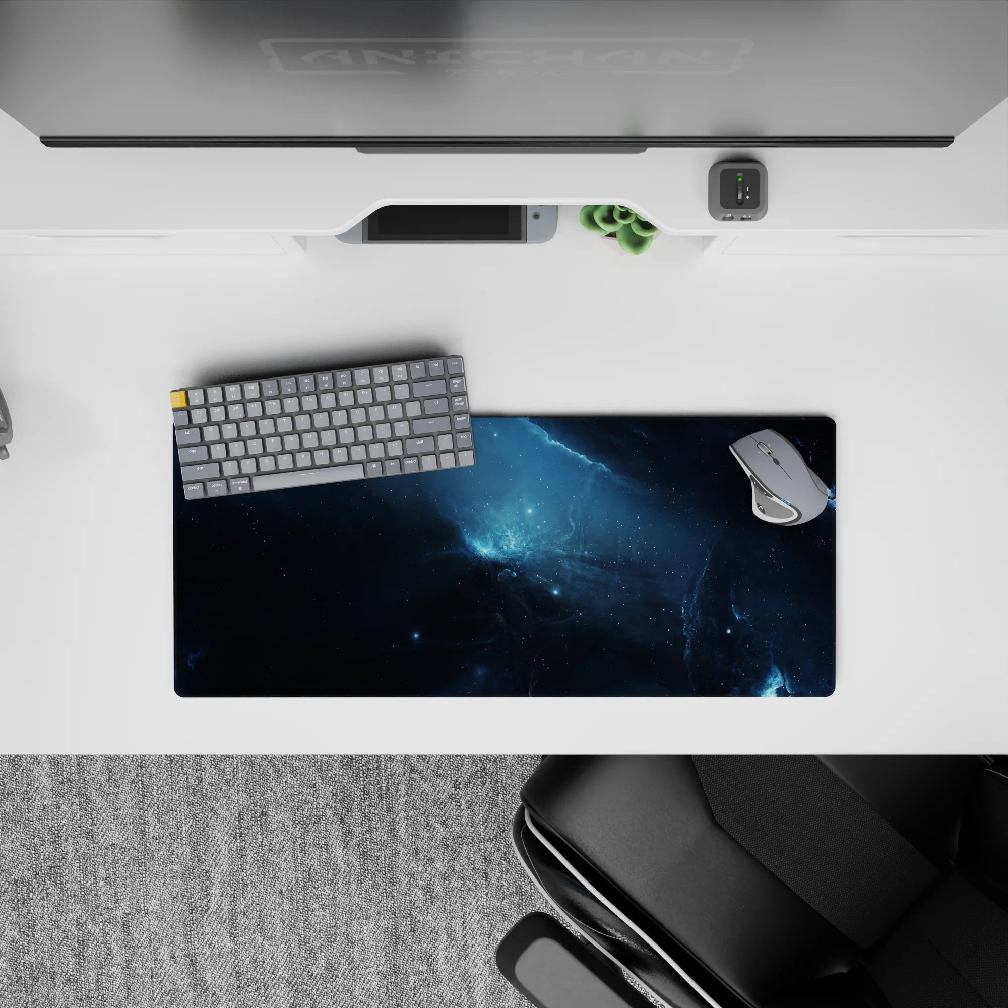 Stormy blues and inky black space mouse pad 28x12 inches, calm moody clouds with light streaks.