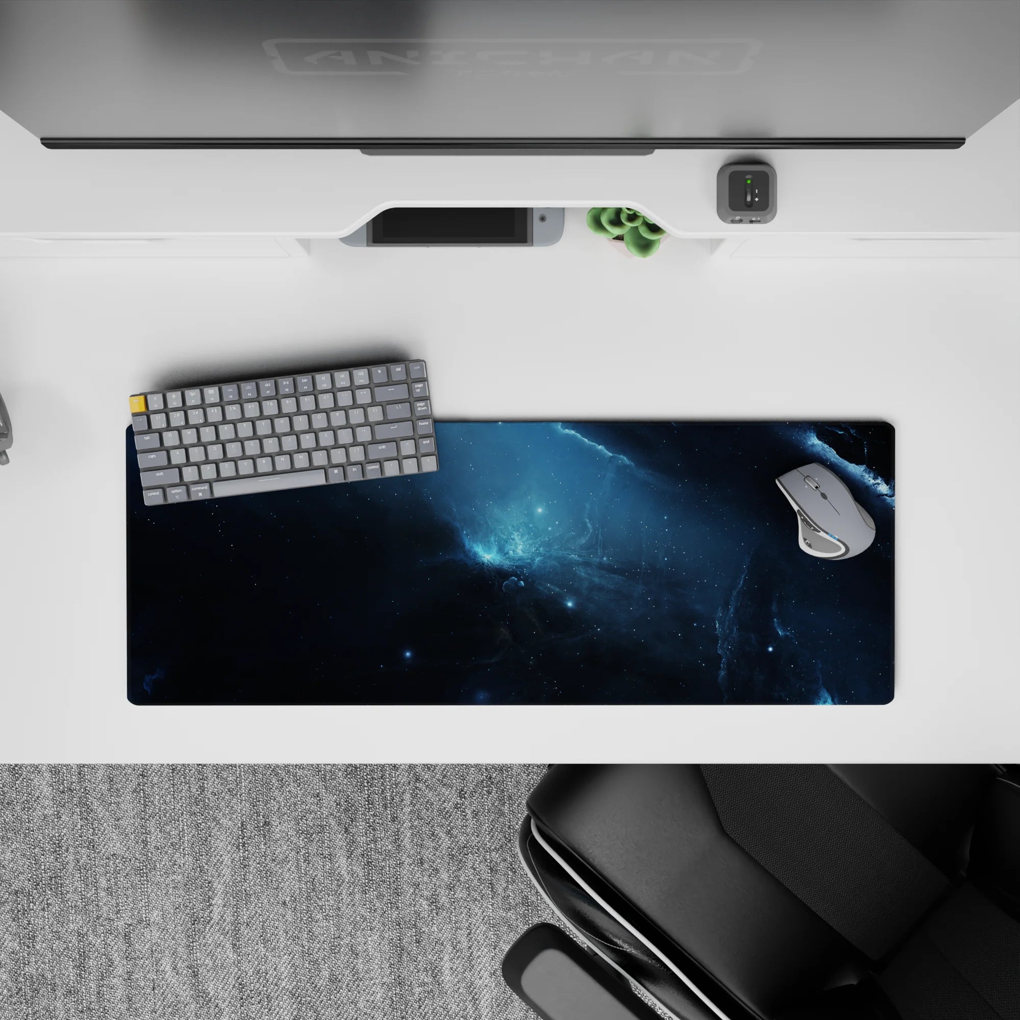 Stormy blues and inky black 32x12 inches mouse pad with calm, moody cosmic lightning streaks.