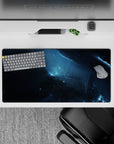 Calm yet wild 32x16 inches mouse pad in inky black and stormy blues with soft smoky haze and icy flashes.