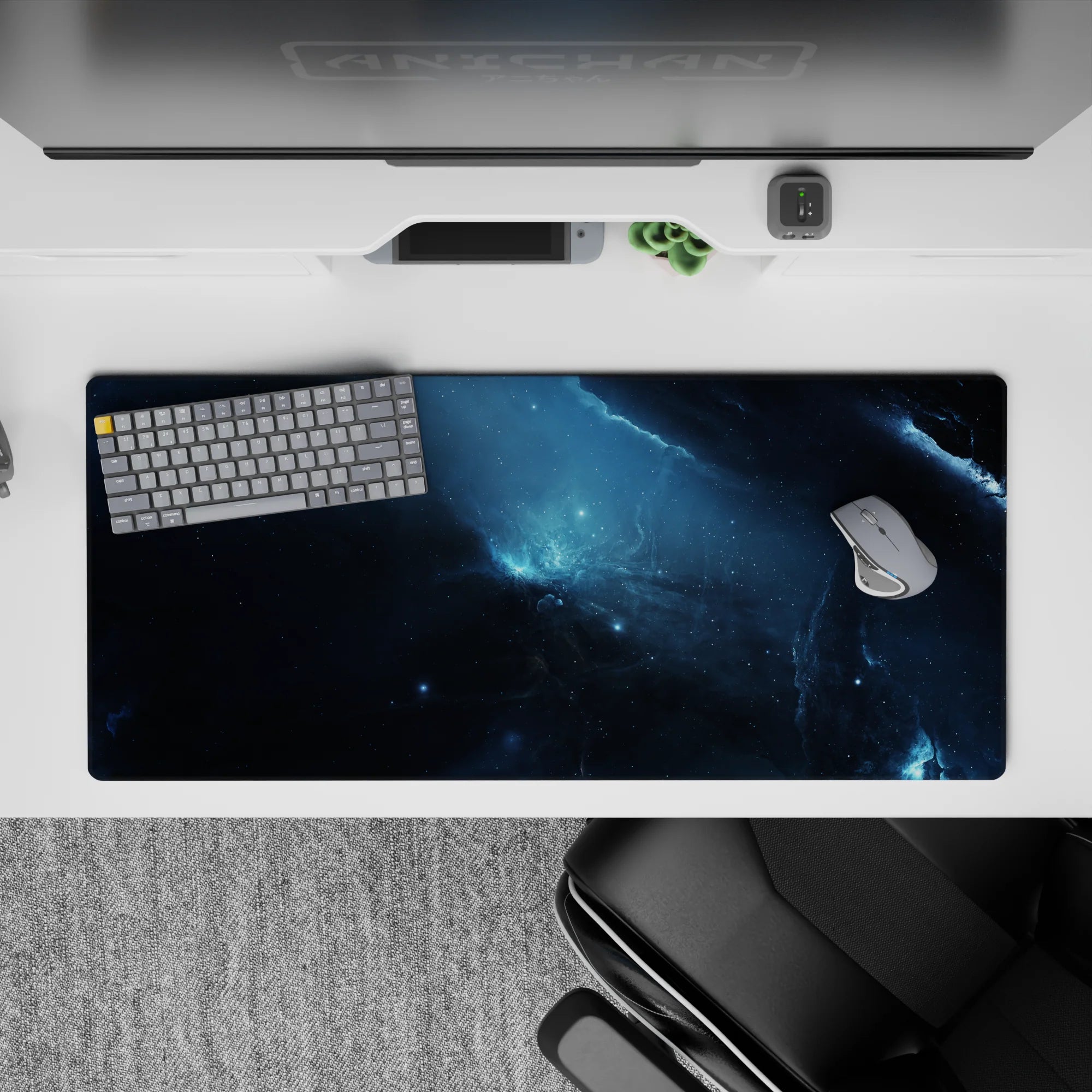Moody stormy blues and inky black desk pad 36x16 inches with calm smoky clouds and bright icy accents.