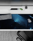 Moody stormy blues and inky black desk pad 36x16 inches with calm smoky clouds and bright icy accents.
