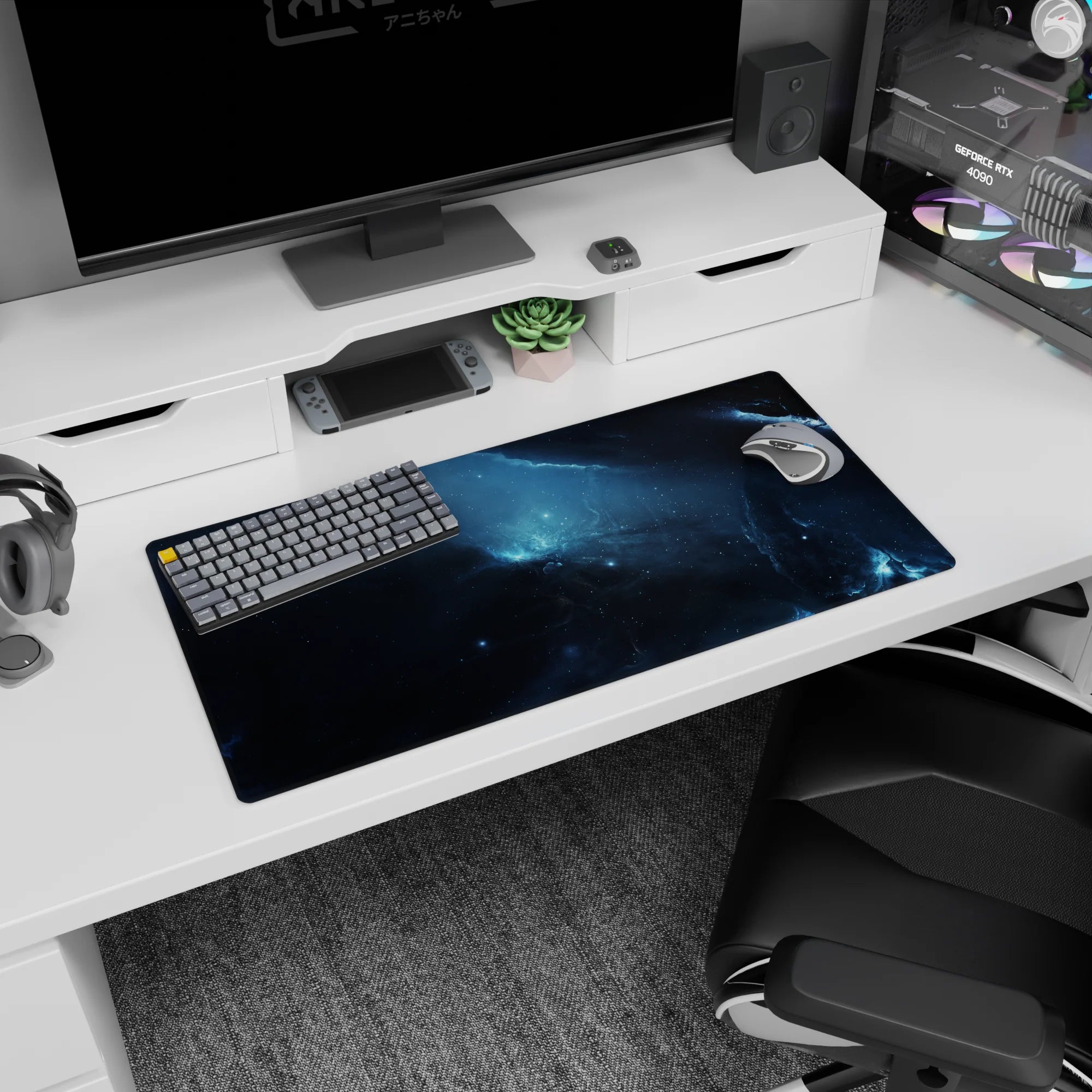Star-speckled space scene mouse pad 32x16 inches featuring a dark nebula with lightning-like icy streaks.