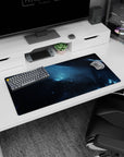 Star-speckled space scene mouse pad 32x16 inches featuring a dark nebula with lightning-like icy streaks.