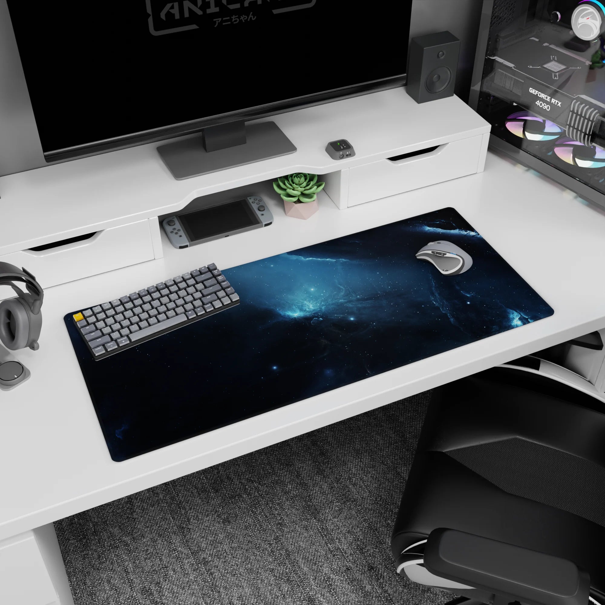 Starry space cloudscape desk pad 36x16 inches featuring tiny star specks and slow-motion lightning streaks.