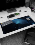 Starry space cloudscape desk pad 36x16 inches featuring tiny star specks and slow-motion lightning streaks.