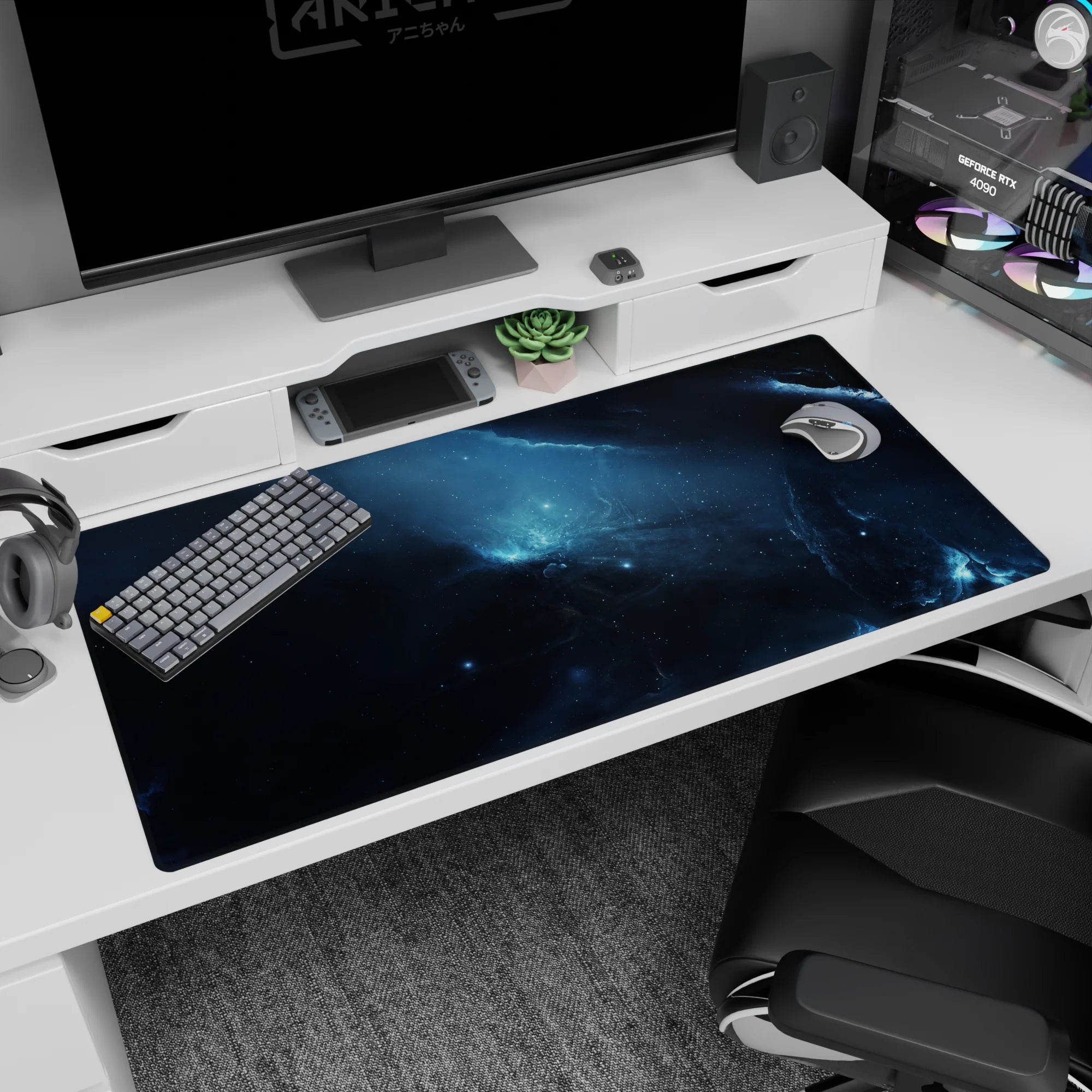 Starry space scene desk pad 40x20 inches featuring a deep nebula with twinkling specks and cloud swirls.