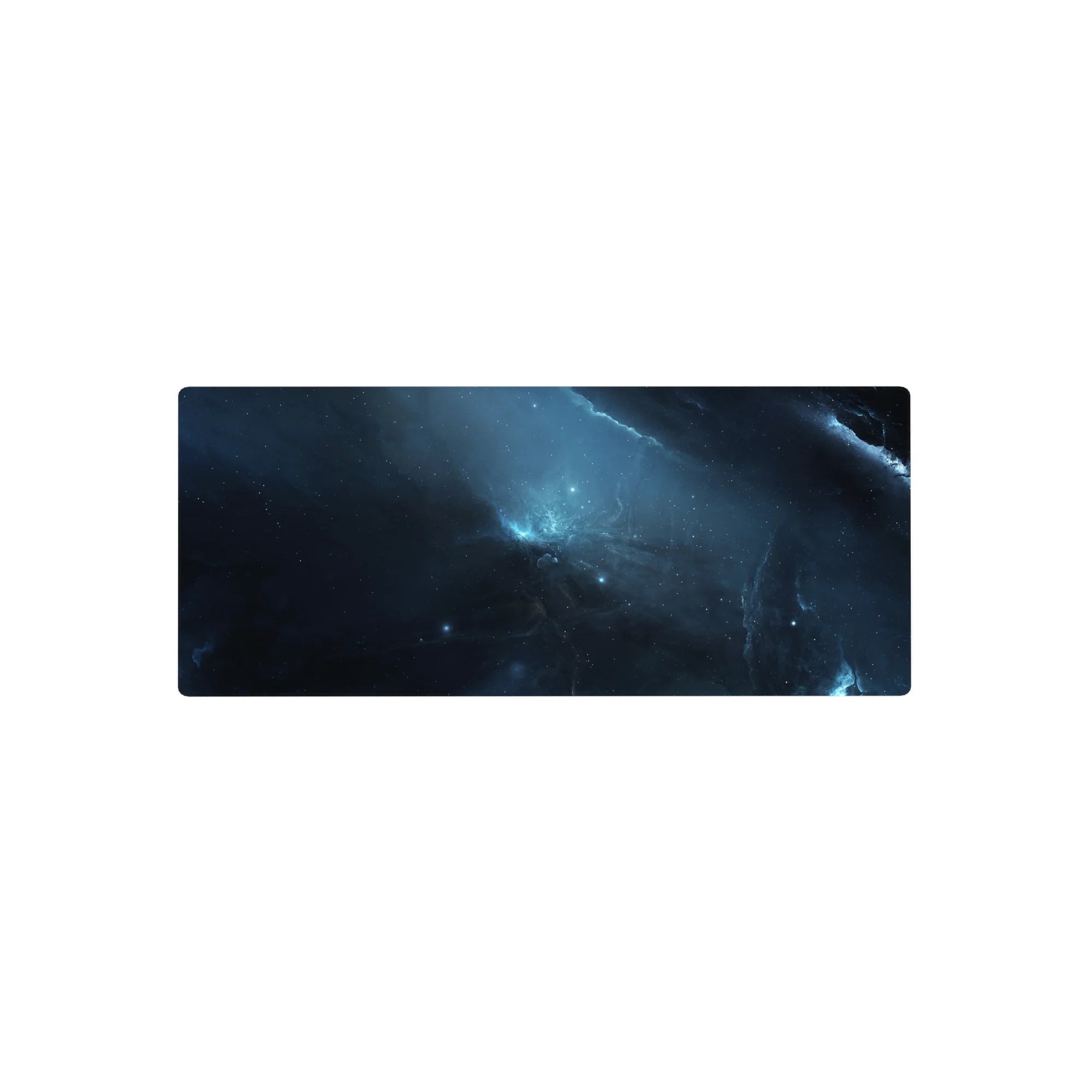 Midnight nebula galaxy desk mouse pad 28x12 inches with star specks and icy streaks.