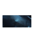 Midnight nebula galaxy desk mouse pad 28x12 inches with star specks and icy streaks.