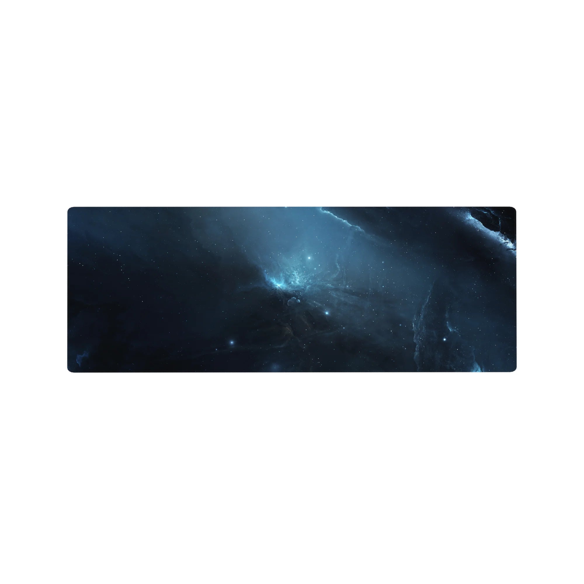 Midnight nebula galaxy desk mouse pad 32x12 inches with smoky clouds and star specks.