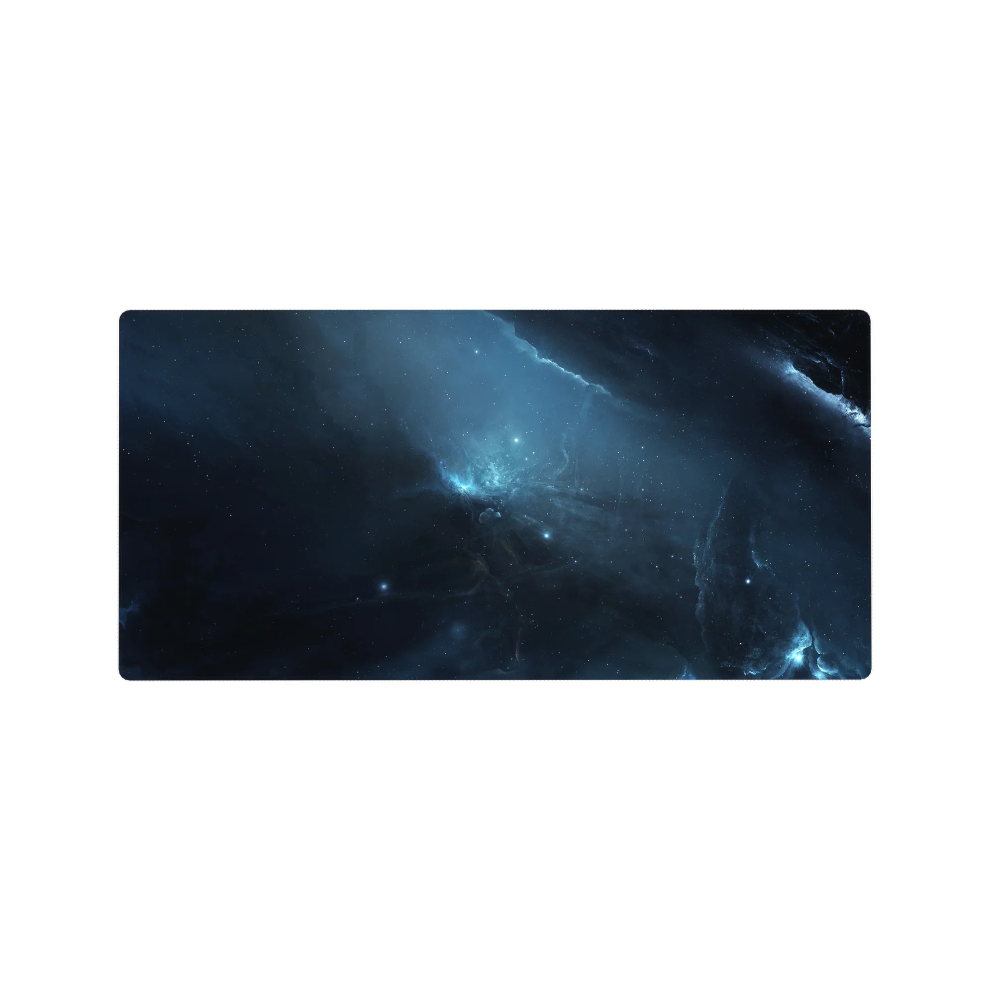 Midnight nebula desk mouse pad 32x16 inches with stormy blue clouds, star specks, and icy streaks.