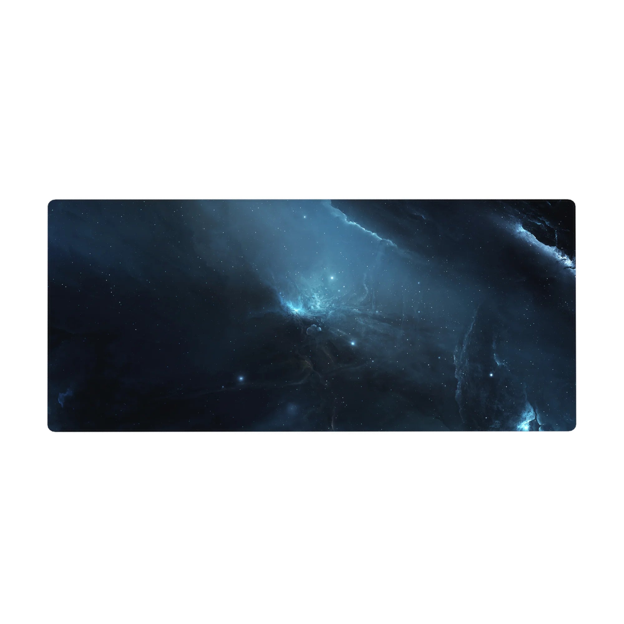 Midnight nebula desk pad 36x16 inches with star-speckled space clouds and icy lightning streaks.