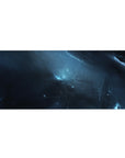 Midnight nebula desk pad 36x16 inches with star-speckled space clouds and icy lightning streaks.