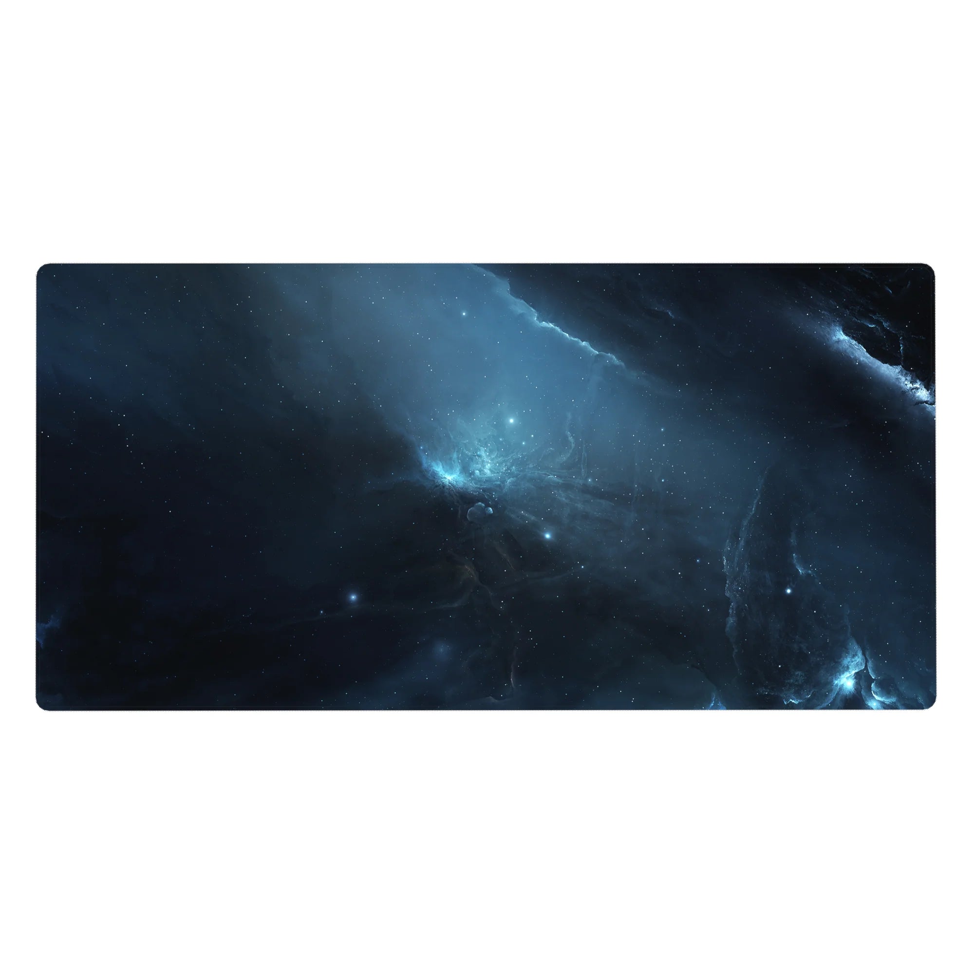 Midnight nebula desk pad 40x20 inches with star specks and icy lightning streaks across dark space.