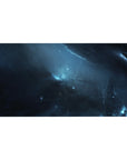 Midnight nebula desk pad 40x20 inches with star specks and icy lightning streaks across dark space.