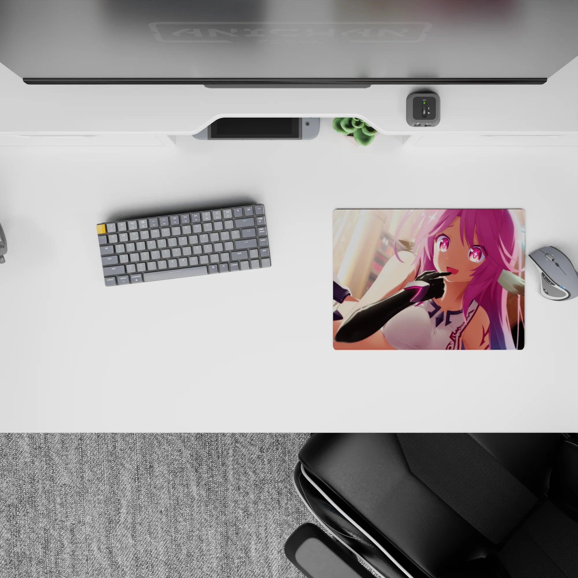 Candy pink anime mouse pad 14x10 inches with warm sunrise glow, neon eyes, cute mischievous vibe.