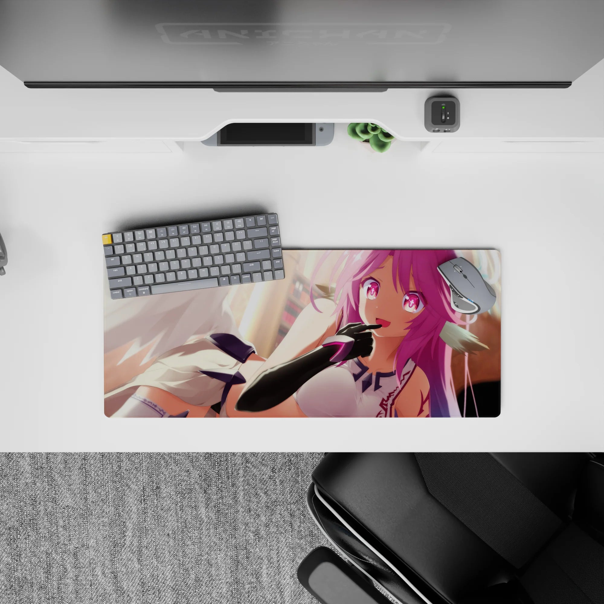 28x12 inches mouse pad in candy pink sunrise tones, cute teasing anime vibe with neon magenta eyes.