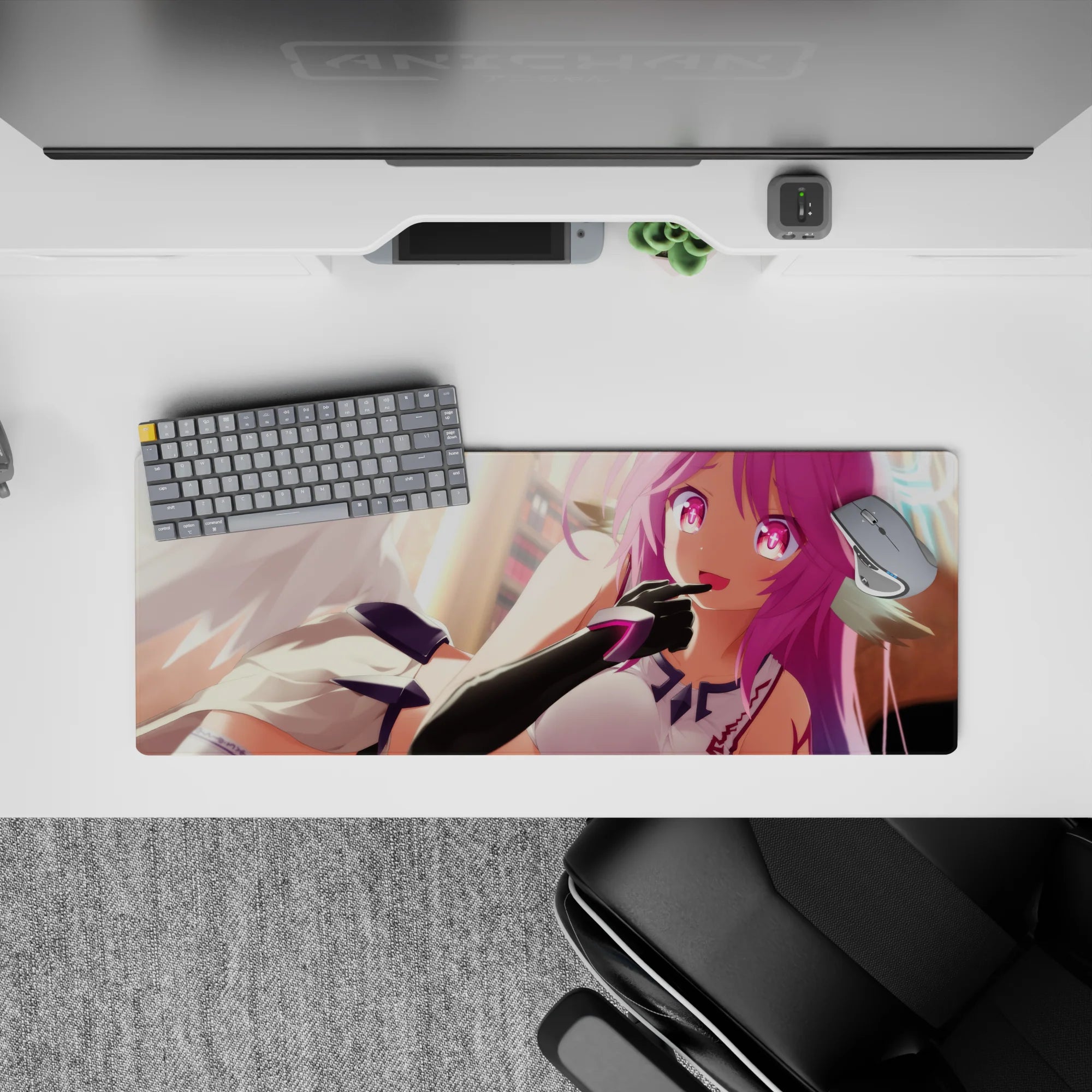 Candy pink anime girl mouse pad 32x12 inches with warm sunrise glow and playful teasing vibe.