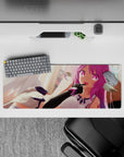 Candy pink anime girl mouse pad 32x12 inches with warm sunrise glow and playful teasing vibe.