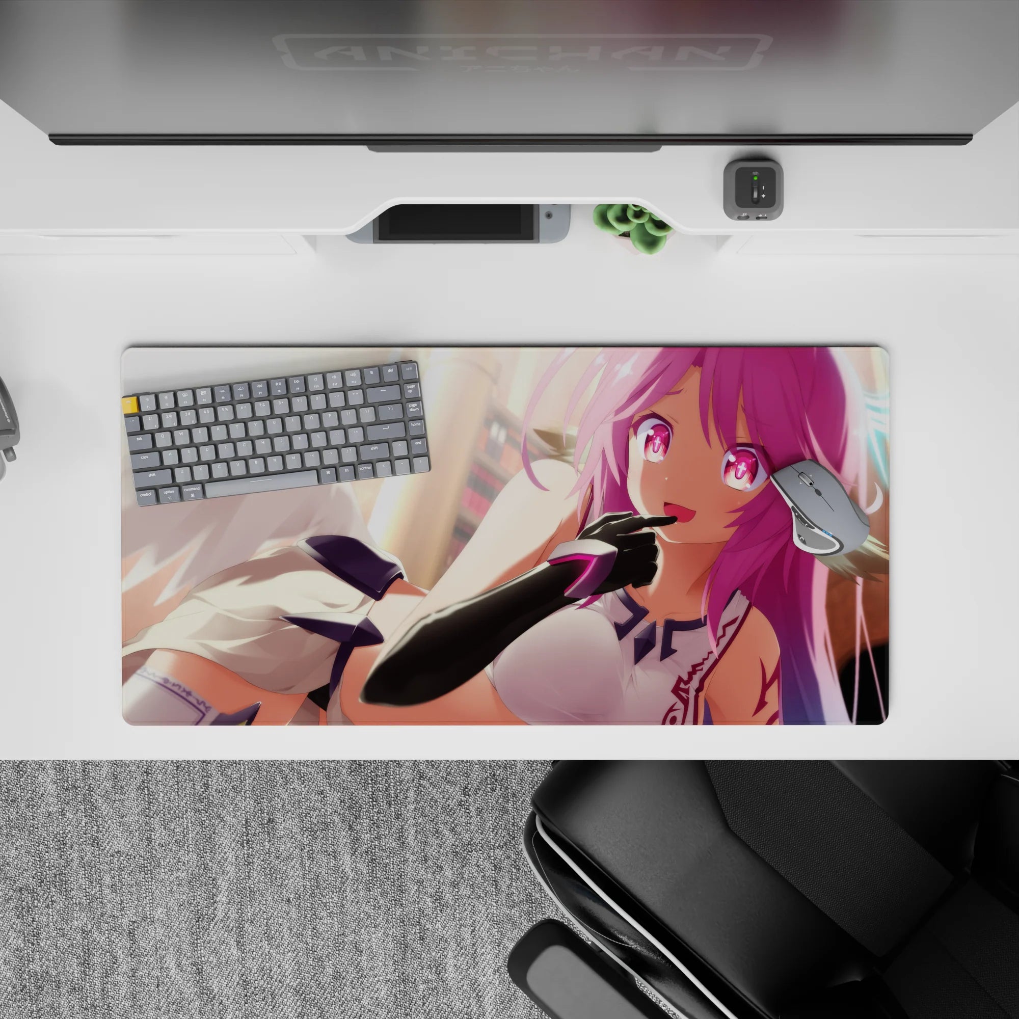 32x16 inches kawaii desk mouse pad in candy pink and sunrise glow, neon magenta eyes, sweet teasing vibe.