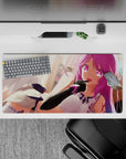 32x16 inches kawaii desk mouse pad in candy pink and sunrise glow, neon magenta eyes, sweet teasing vibe.