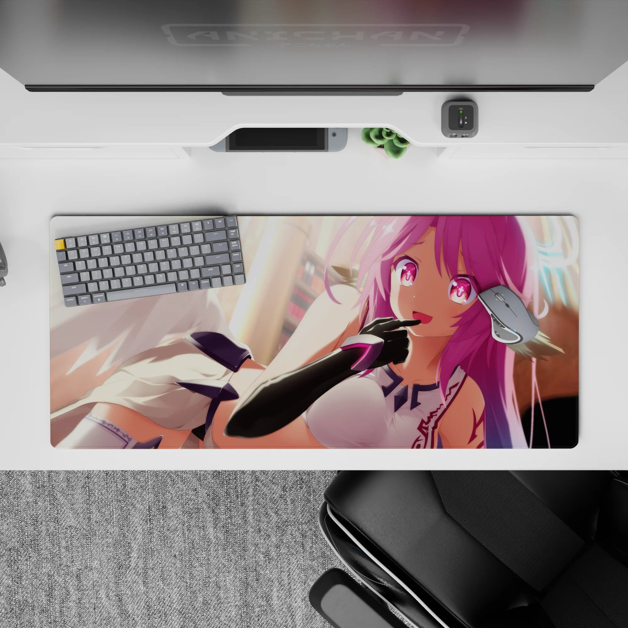Candy pink anime desk pad 36x16 inches with warm sunrise glow, neon magenta eyes, cute mischievous vibe.