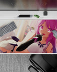 Candy pink sunrise glow anime desk pad 40x20 inches, neon magenta eyes, cute mischievous vibe.