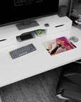 Anime winged girl lounging sideways mouse pad 14x10 inches, finger-to-lips tease, white navy outfit.