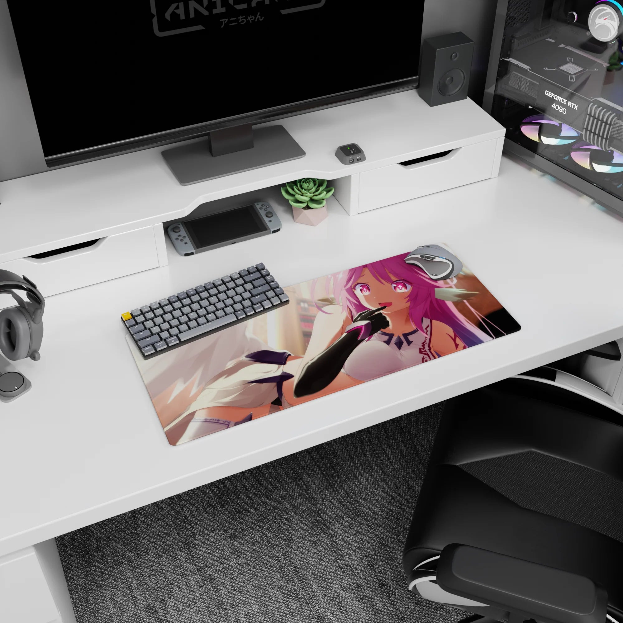 28x12 inches anime mouse pad showing a winged girl lounging sideways, finger to lips, sci-fi gloves.