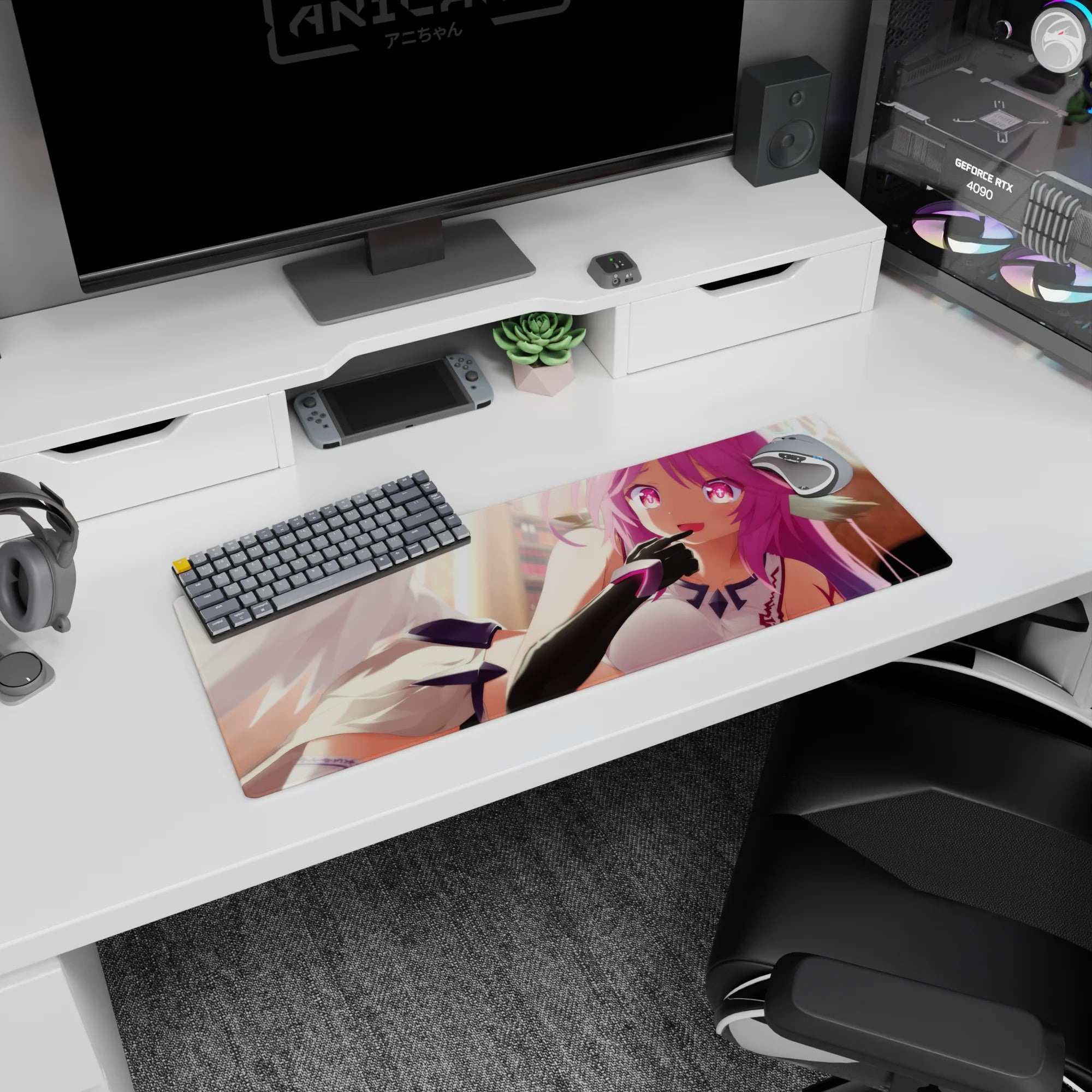 Anime girl mouse pad 32x12 inches showing winged girl lounging sideways, finger to lips, neon gaze.