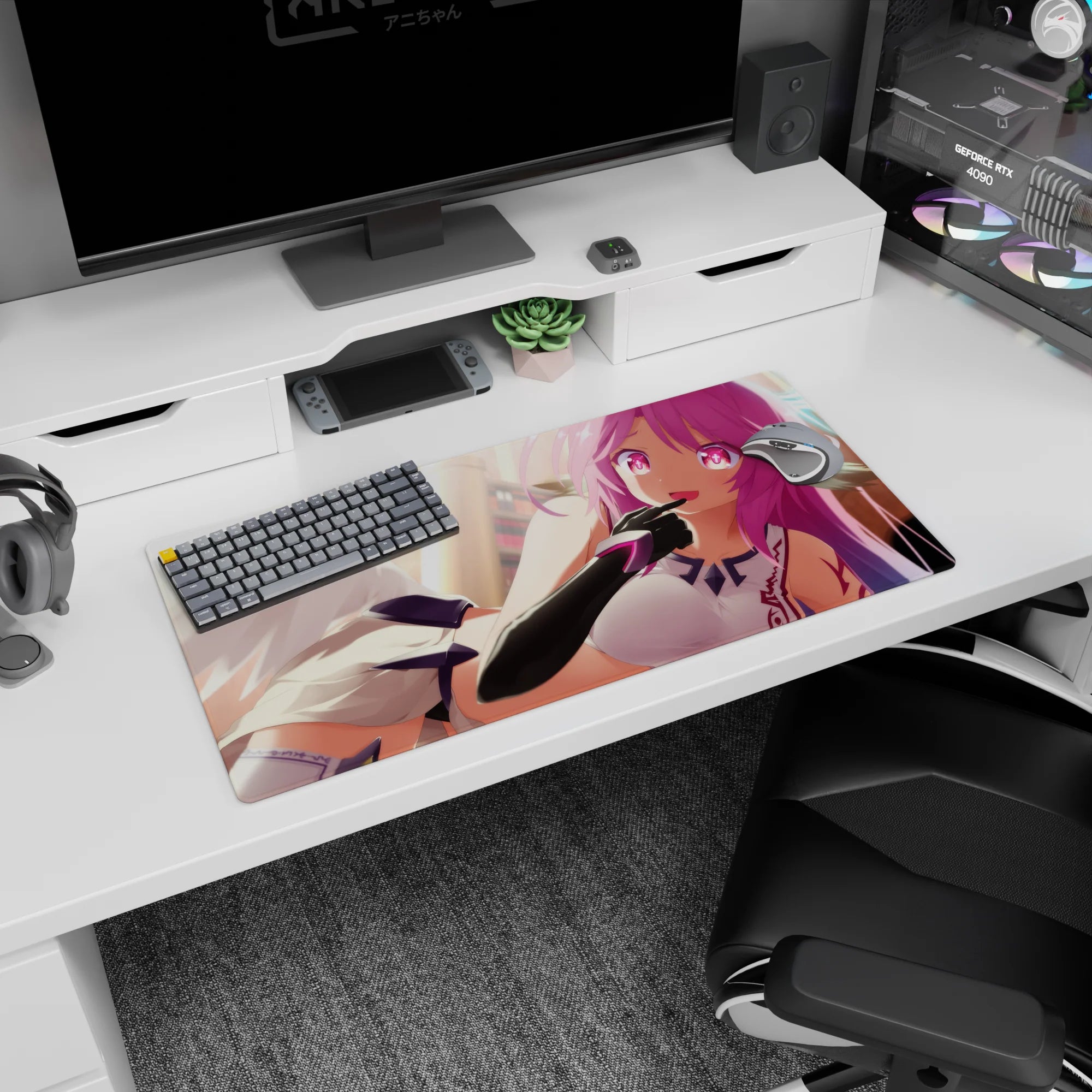32x16 inches anime mouse pad showing winged girl lounging sideways, finger to lips, sci-fi outfit and gloves.