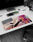 32x16 inches anime mouse pad showing winged girl lounging sideways, finger to lips, sci-fi outfit and gloves.
