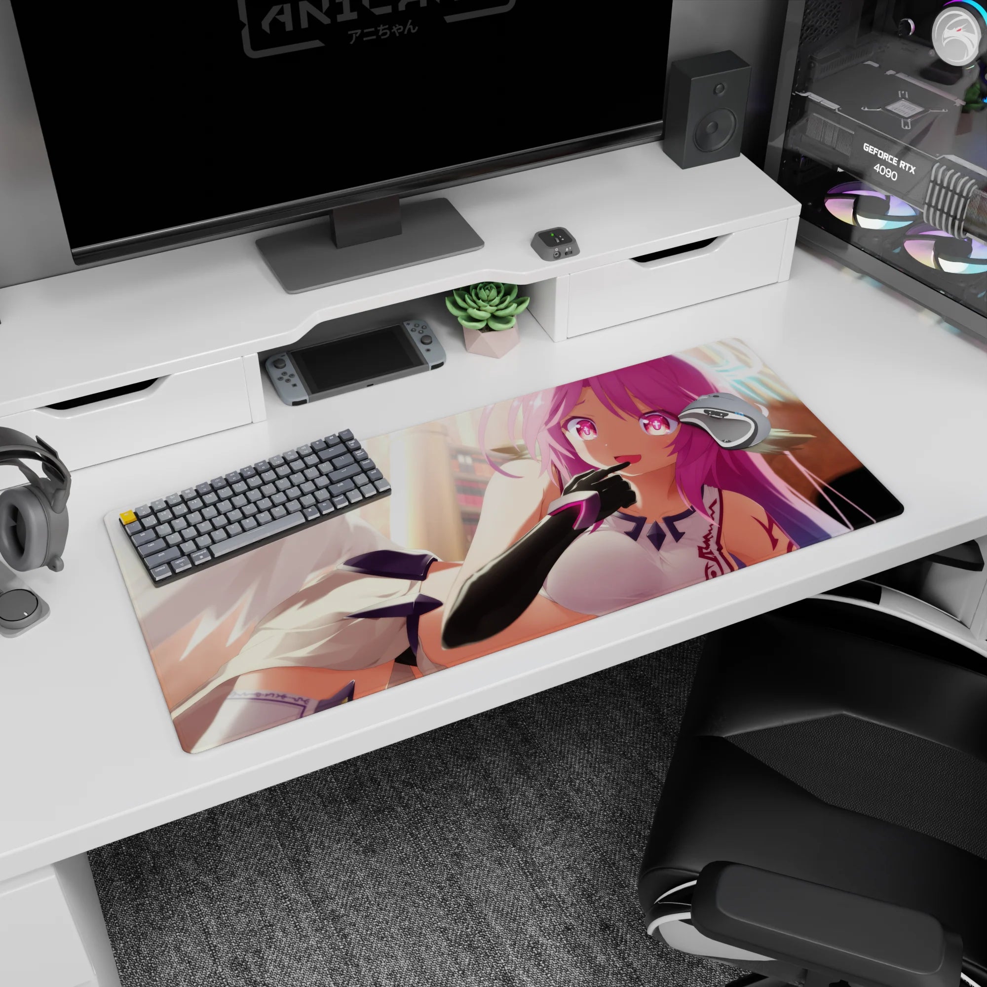 Teasing winged anime girl desk pad 36x16 inches, sideways lounge, finger to lips, white suit navy accents.