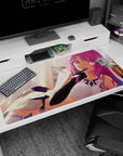 Teasing winged anime girl shushing on a 40x20 inches desk pad, sideways pose in white navy outfit.
