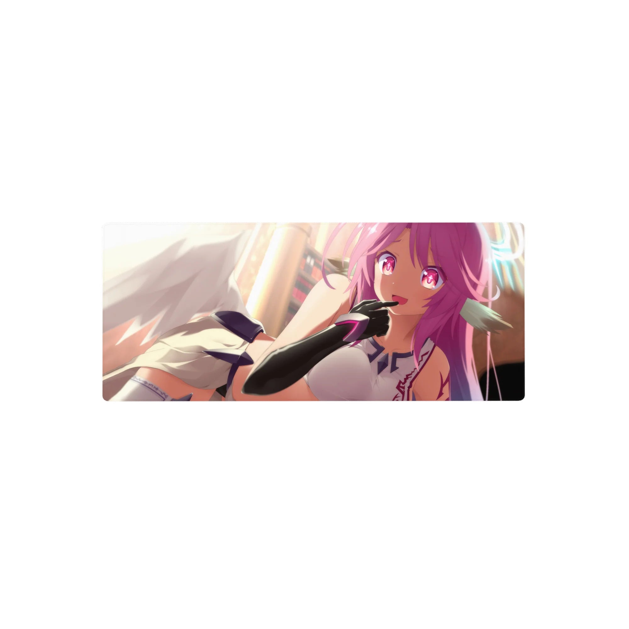 28x12 inches anime girl mouse pad with winged violet-haired girl, magenta eyes, navy accents, black gloves.
