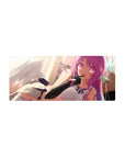 28x12 inches anime girl mouse pad with winged violet-haired girl, magenta eyes, navy accents, black gloves.